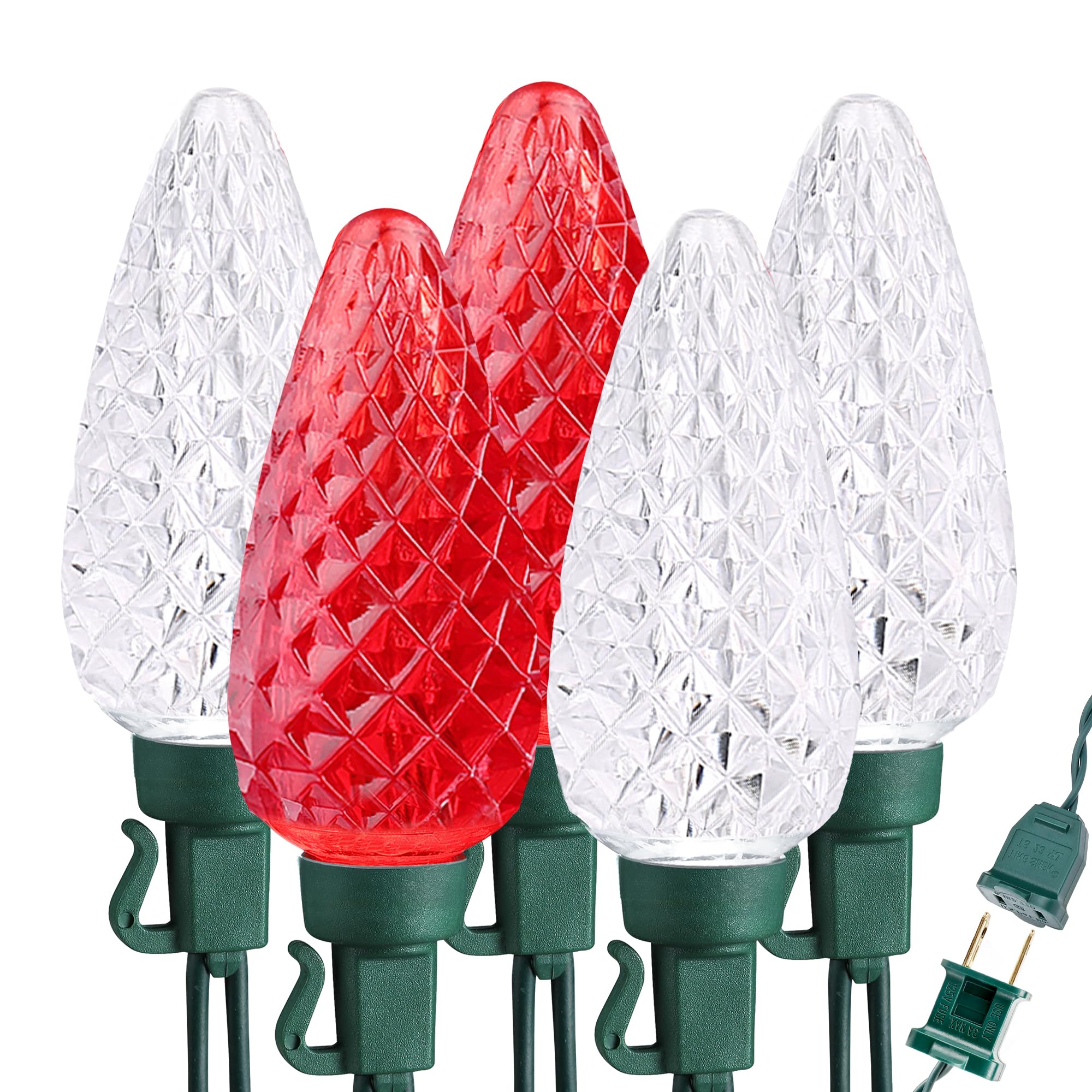 Brizled C9 Christmas Lights Cool White 16FT 25 LED 120V UL Certified Faceted Outdoor Christmas String Lights Connectable Xmas Tree Light for Tree, Holiday, House, Roof Decor